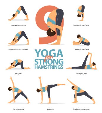 9 Yoga Infographic düz tasarım güçlü hamstrings için poz lar. Güzellik kadın kalça gücü için egzersiz yapıyor. Yoga duruşları kadın figürleri Infographic.Vector seti