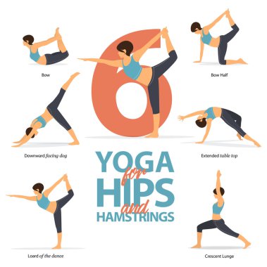 Infographic of 6 Yoga poses for strong hamstrings in flat design. Beauty woman is doing exercise for hip strength. Set of yoga postures female figures Infographic.Vector. clipart