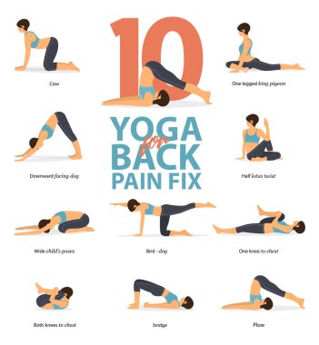 10 Yoga Infografik düz tasarım sırt ağrısı rahatlatmak için pozlar. Güzellik kadın sırt gücü için egzersiz yapıyor. Yoga duruşları kadın figürleri Infographic.Vector seti.
