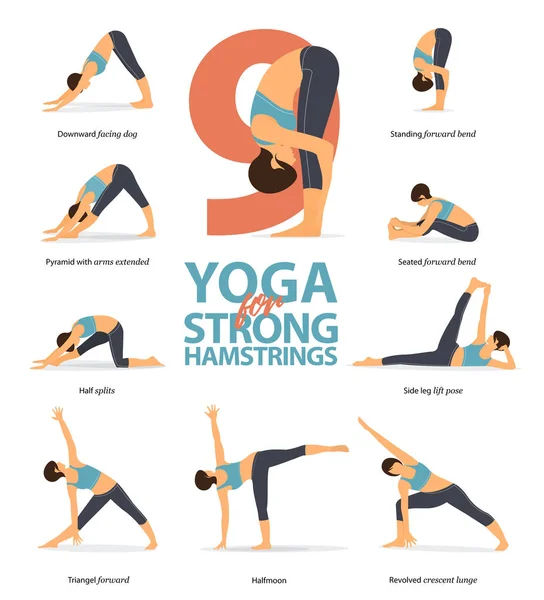 Infografik von 9 Yoga-Posen für starke Beinmuskeln in flachem Design. Schönheit Frau macht Übung für Hüftstärke. Reihe von Yoga-Haltungen weibliche Figuren infographic.vector — Stockvektor