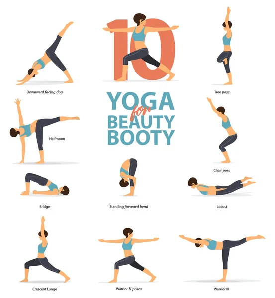 Infographie de 10 poses de yoga pour le butin de beauté dans le design plat. Beauté femme fait de l'exercice pour booty blaster. Ensemble de postures de yoga figures féminines Infographie. Vecteur — Image vectorielle