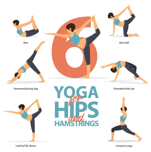 Infografía de 6 posturas de Yoga para isquiotibiales fuertes en diseño plano. Mujer de belleza está haciendo ejercicio para la fuerza de la cadera. Conjunto de posturas de yoga figuras femeninas Infografía.Vector . — Archivo Imágenes Vectoriales