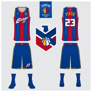 Beyzbol forması, spor üniforma, raglan t-shirt spor şablon tasarım. Beysbol tişörtü sahte. Ön ve arka görünüm beyzbol üniforması. Mavi etiketüzerinde düz beyzbol logosu. Vektör.