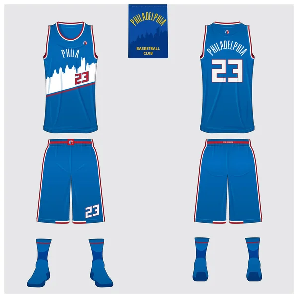 Basketbol kulübü için Philadelphia basketbol üniforması mockup şablon tasarımı. Basketbol forması için tank üst t-shirt mockup. Ön görünüm, arka görüş basketbol gömleği. Düz spor logo tasarımı. Vektör — Stok Vektör
