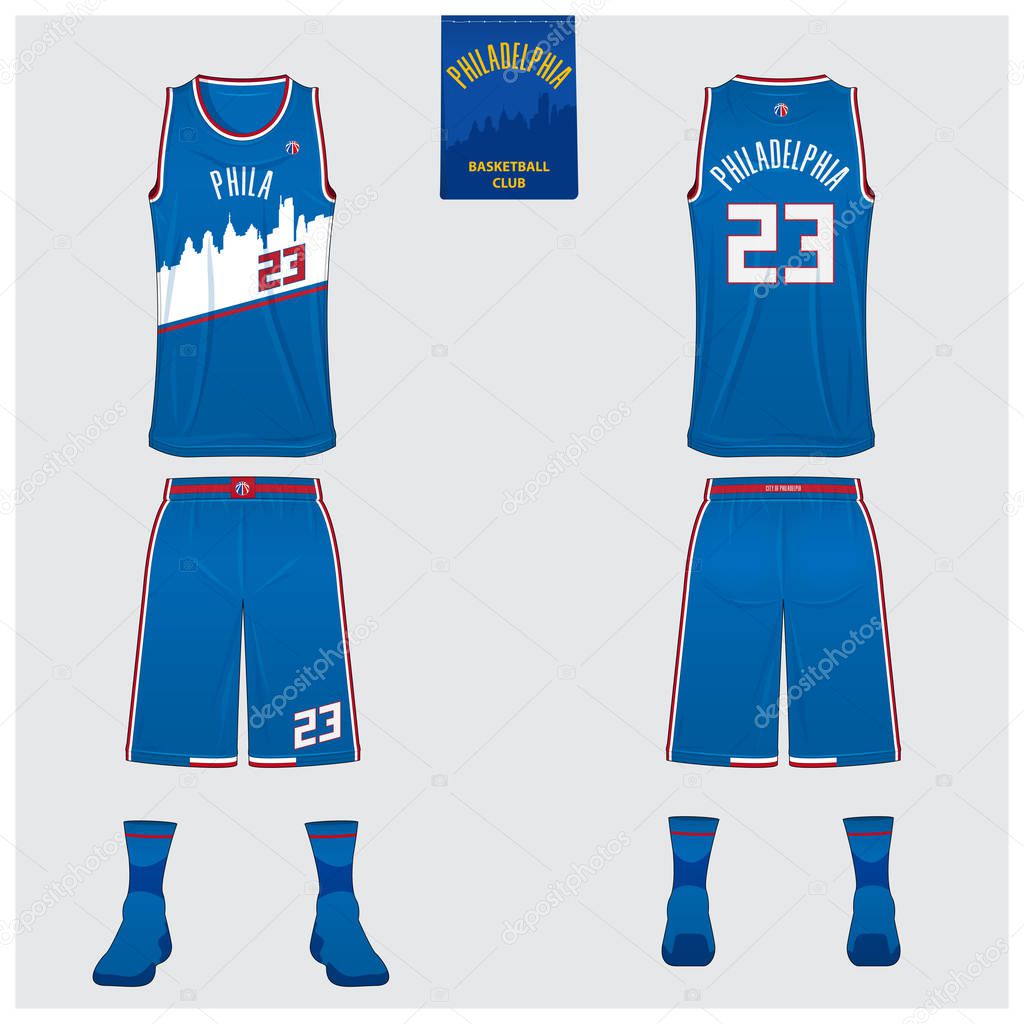 Philadelphia basketball uniform mockup template design for basketball club. Tank top t-shirt mockup for basketball jersey. Front view, back view basketball shirt. Flat sport logo design. Vector Illustration.