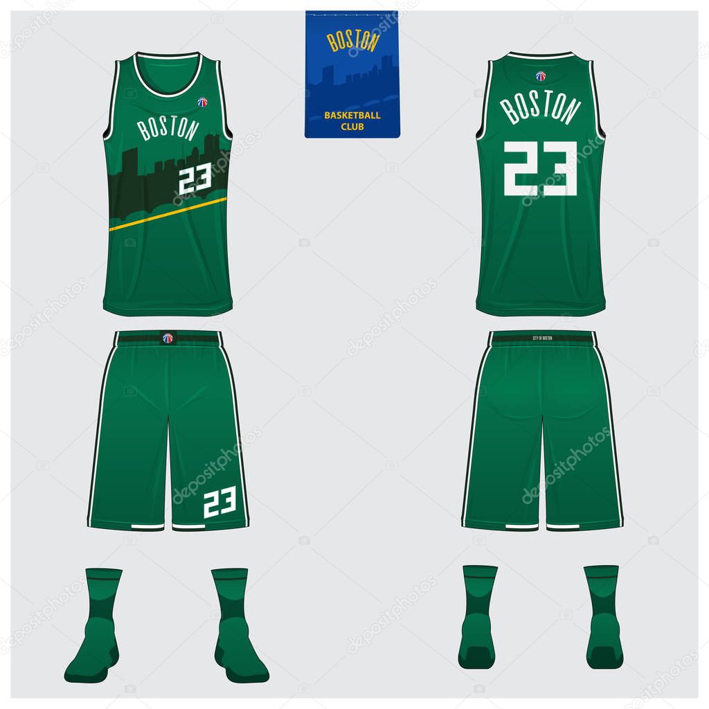 Boston basketball uniform mockup template design for basketball club. Tank top t-shirt mockup for basketball jersey. Front view, back view basketball shirt. Flat sport logo design. Vector Illustration.