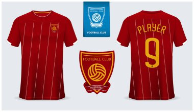 Futbol forması veya futbol kiti mockup şablon tasarım spor gömlek için. Futbol tişörtü sahte. Kırmızı futbol üniforması ön görünümde arka görüşte. Düz futbol logo tasarımı. Vektör.