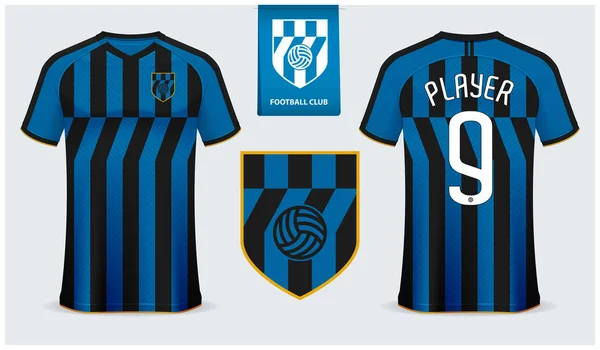 Fotboll Jersey eller fotboll kit utkast mall design för Sport Club. Fotboll t-shirt sport mock up. Svart, blå Diagonal rand fotboll Uniform i framifrån och tillbaka vy. Platt fotboll logo design. Vektor. — Stock vektor