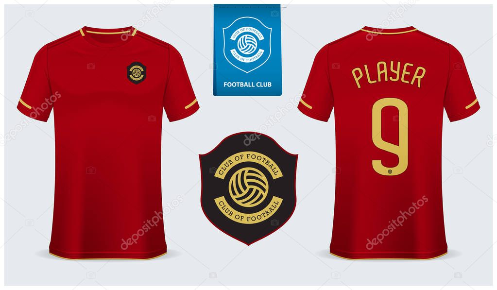 Soccer jersey or football kit mockup template design for sport shirt. Football t-shirt mock up. Red soccer uniform in front view back view. Flat football logo design. Vector Illustration