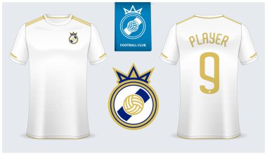 Futbol forması, futbol kiti mockup şablon tasarım spor gömlek için. Futbol tişörtü sahte. Beyaz futbol üniforması ön tarafta, arka görüşte. Futbol logo tasarımı. Vektör 