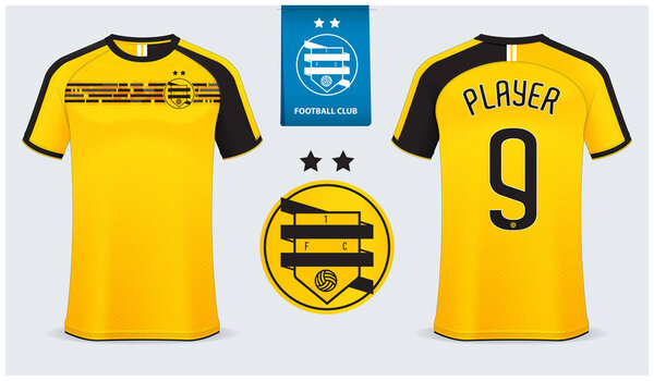 Soccer jersey, football kit mockup template design for sport shirt. Football t-shirt mock up. Yellow and black soccer uniform in front view, back view. Football logo design. Vector