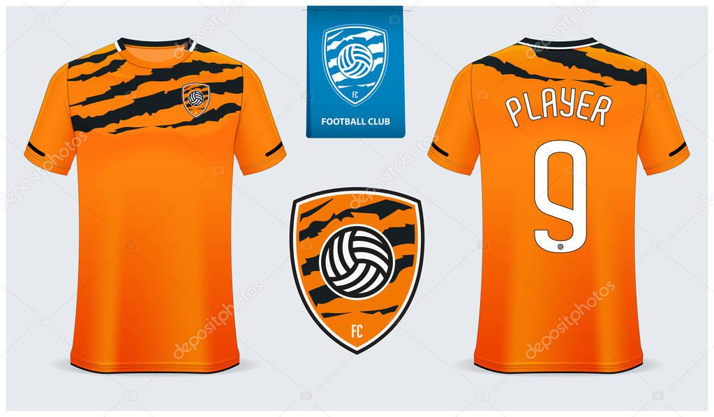 Soccer jersey, football kit mockup template design for sport shirt. Football t-shirt mock up. Tiger stripe pattern soccer uniform in front view, back view. Football logo design. Vector Illustration