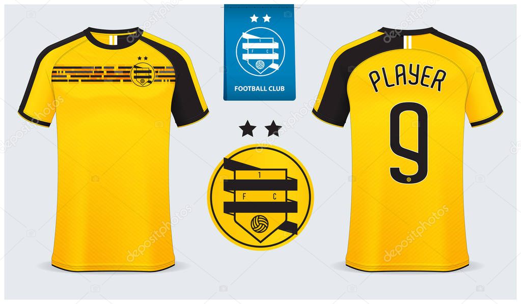 Soccer jersey, football kit mockup template design for sport shirt. Football t-shirt mock up. Yellow and black soccer uniform in front view, back view. Football logo design. Vector Illustration