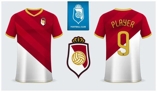 Camiseta de fútbol o kit de fútbol maqueta de diseño de plantilla para camisa deportiva. Camiseta de fútbol se burlan. uniforme de fútbol diagonal rojo y blanco en vista frontal vista trasera. Diseño de logotipo de fútbol plano. Vector — Vector de stock