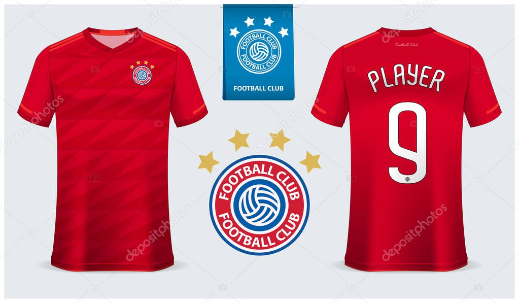 Soccer jersey or football kit mockup template design for sport shirt. Football t-shirt mock up. Red soccer uniform in front view back view. Flat football logo design. Vector Illustration