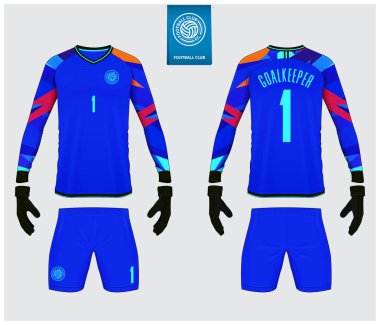 Kaleci forması ya da futbol takımı maketi. Kaleci eldiveni ve uzun kollu forma şablonu tasarımı. Spor tişörtü maketi. Ön ve arka manzara futbol üniforması. Düz futbol logosu etiketi. Vektör.