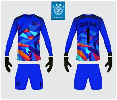 Kaleci forması ya da futbol takımı maketi. Kaleci eldiveni ve uzun kollu forma şablonu tasarımı. Spor tişörtü maketi. Ön ve arka manzara futbol üniforması. Düz futbol logosu etiketi. Vektör.