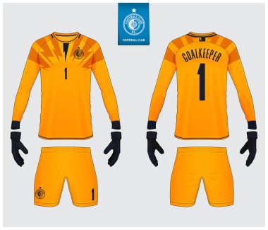 Kaleci forması ya da futbol takımı maketi. Kaleci eldiveni ve uzun kollu forma şablonu tasarımı. Spor tişörtü maketi. Ön ve arka manzara futbol üniforması. Düz futbol logosu etiketi. Vektör.
