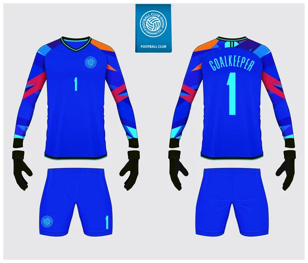 Maillot de gardien de but ou maquette de kit de football. Gant de gardien et modèle de maillot à manches longues. T-shirt sport maquillé. Uniforme de football vue de face et de dos. Étiquette logo football plat. Vecteur . — Image vectorielle