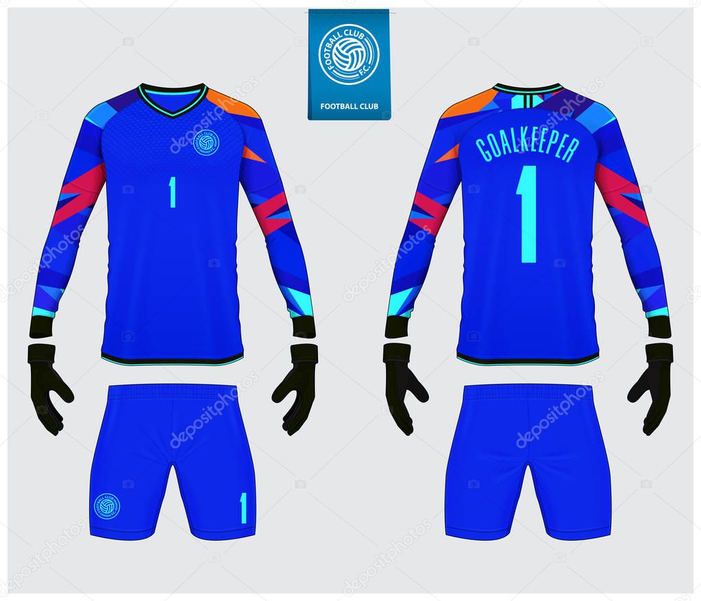 Goalkeeper jersey or soccer kit mockup. Goalkeeper glove and long sleeve jersey  template design. Sport t-shirt mock up. Front and back view soccer uniform. Flat football logo label. Vector Illustration.