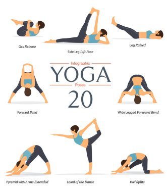 Düz dizayn edilmiş 8 yoga pozu. Kadın figürleri, yoga bilgisi için mavi spor giyim ve siyah yoga pantolonlarıyla egzersiz yapıyorlar. Vektör.