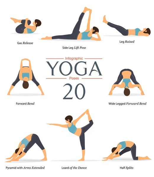 Set de 8 poses de yoga en diseño plano. Las figuras femeninas hacen ejercicio en ropa deportiva azul y pantalones negros de yoga para infografías de yoga. Vector . — Vector de stock