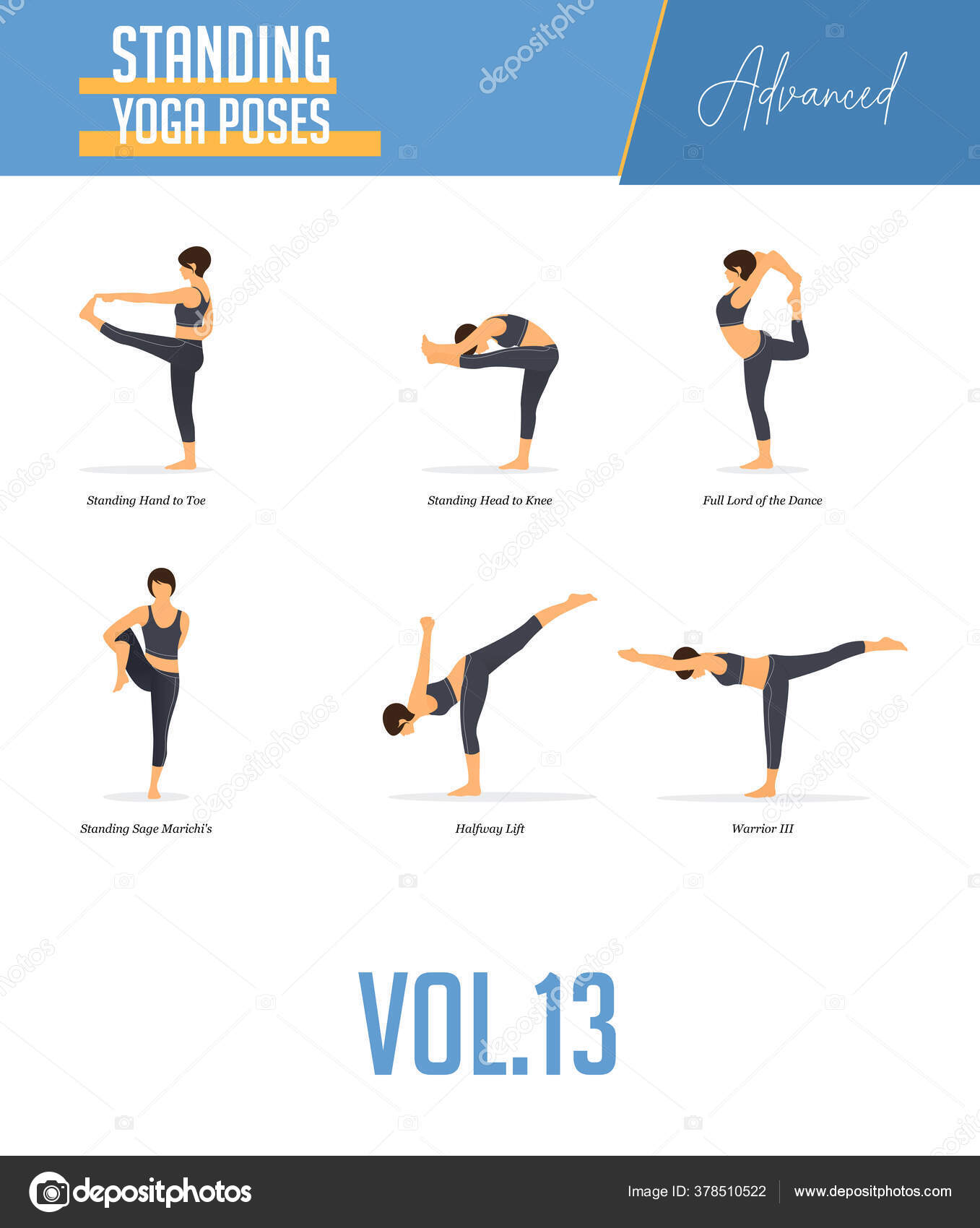 Set Yoga Poses Concept Balancing Standing Poses Flat Design Style