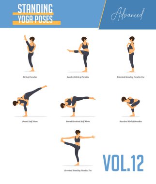 Konsept dengeleme için yoga pozları, düz dizayn tarzında ayakta durmalar. Güçlü kadın vücut esneme egzersizi yapıyor. Yoga duruşu ya da yeni başlayanlar için asana. Çalıştırma Vektörü İllüstrasyonu