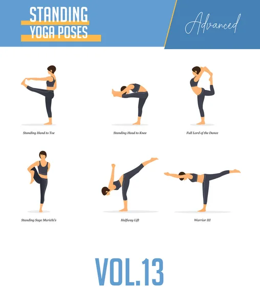 Ensemble Poses Yoga Pour Équilibrage Concept Pose Debout Dans Style — Image vectorielle