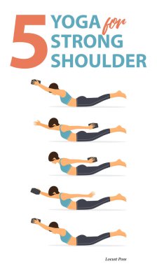 Düz dizayndaki güçlü omuz kavramına göre evde yoga için 5 yoga bilgisi. Vücut germe egzersizi yapan bir kadın. Fitness bilgisi için yoga duruşu ya da asana. Düz Çizgi film Vektör İllüstrasyonu.