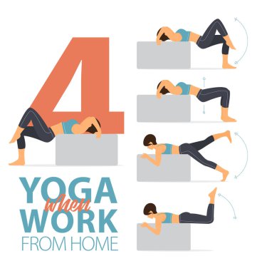 4 Yoga 'nın bilgileri ev dizaynında kolay yoga için poz veriyor. Vücut germe egzersizi yapan bir kadın. Fitness bilgisi için yoga duruşu ya da asana. Düz Çizgi film Vektör İllüstrasyonu.