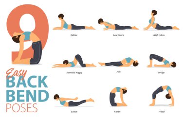 Evde yoga için 9 Yoga bilgisi düz tasarımda kolay geri dönüş kavramına dayanır. Vücut germe egzersizi yapan bir kadın. Fitness bilgisi için yoga duruşu ya da asana. Düz Çizgi film Vektör İllüstrasyonu.