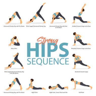 Evde yoga için 12 Yoga bilgisi düz tasarımda güçlü kalçalar kavramına uygun. Vücut germe egzersizi yapan bir kadın. Fitness bilgisi için yoga duruşu ya da asana. Düz Çizgi film Vektör İllüstrasyonu.