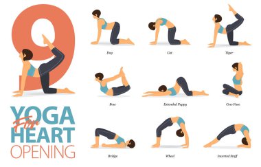 Dokuzuncu Yoga 'nın bilgileri evde egzersiz için poz veriyor. Kalbin düz tasarımda açılması için yoga kavramı. Vücut germe egzersizi yapan bir kadın. Fitness bilgisi için yoga duruşu ya da asana. Düz Çizgi film Vektör İllüstrasyonu.