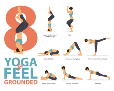 Yoga konsepti olarak 8 Yoga 'nın evde egzersiz için poz vermesi düz dizayn edilmiş gibi hissettirir. Vücut germe egzersizi yapan bir kadın. Fitness bilgisi için yoga duruşu ya da asana. Düz Çizgi film Vektör İllüstrasyonu.