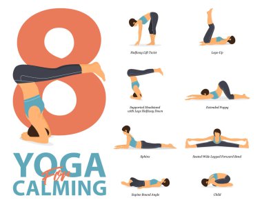 8 Yoga 'nın bilgileri evde yoga konsepti için düz tasarımda sakinleşmek için poz veriyor. Vücut germe egzersizi yapan bir kadın. Fitness bilgisi için yoga duruşu ya da asana. Düz Çizgi film Vektör İllüstrasyonu.