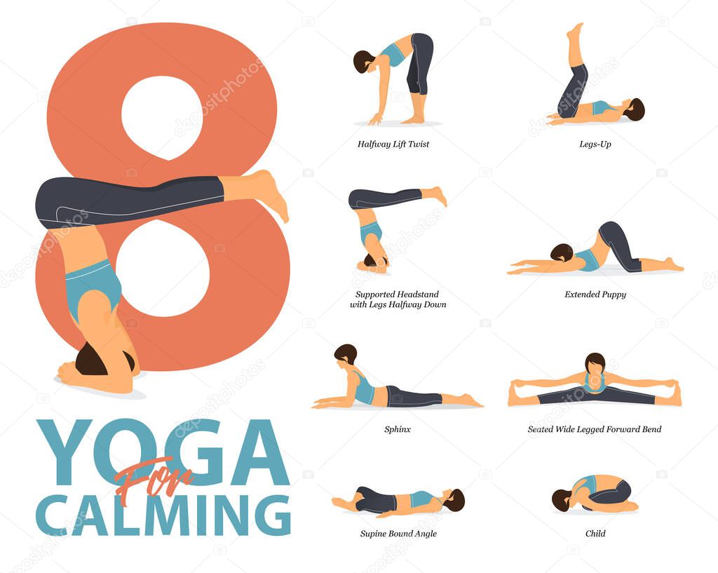 Infographic of 8 Yoga poses for workout at home in concept of yoga for calming in flat design. Woman exercising for body stretching. Yoga posture or asana for fitness infographic. Flat Cartoon Vector Illustration.