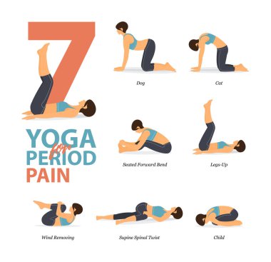 7 Yoga 'nın bilgisi, evde yoga konsepti ve acılı düz tasarım için poz veriyor. Vücut germe egzersizi yapan bir kadın. Fitness bilgisi için yoga duruşu ya da asana. Düz Çizgi film Vektör İllüstrasyonu.