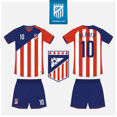 Futbol forması ya da spor kulübü için futbol takımı şablonu tasarımı. Futbol tişörtü, şortlar sahte. Futbol forması ön tarafta, arka planda. Düz dizaynlı futbol logosu. Vektör İllüstrasyonu.