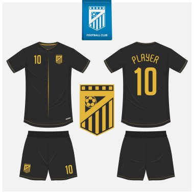 Futbol forması ya da spor kulübü için futbol takımı şablonu tasarımı. Futbol tişörtü, şortlar sahte. Futbol forması ön tarafta, arka planda. Düz dizaynlı futbol logosu. Vektör İllüstrasyonu.