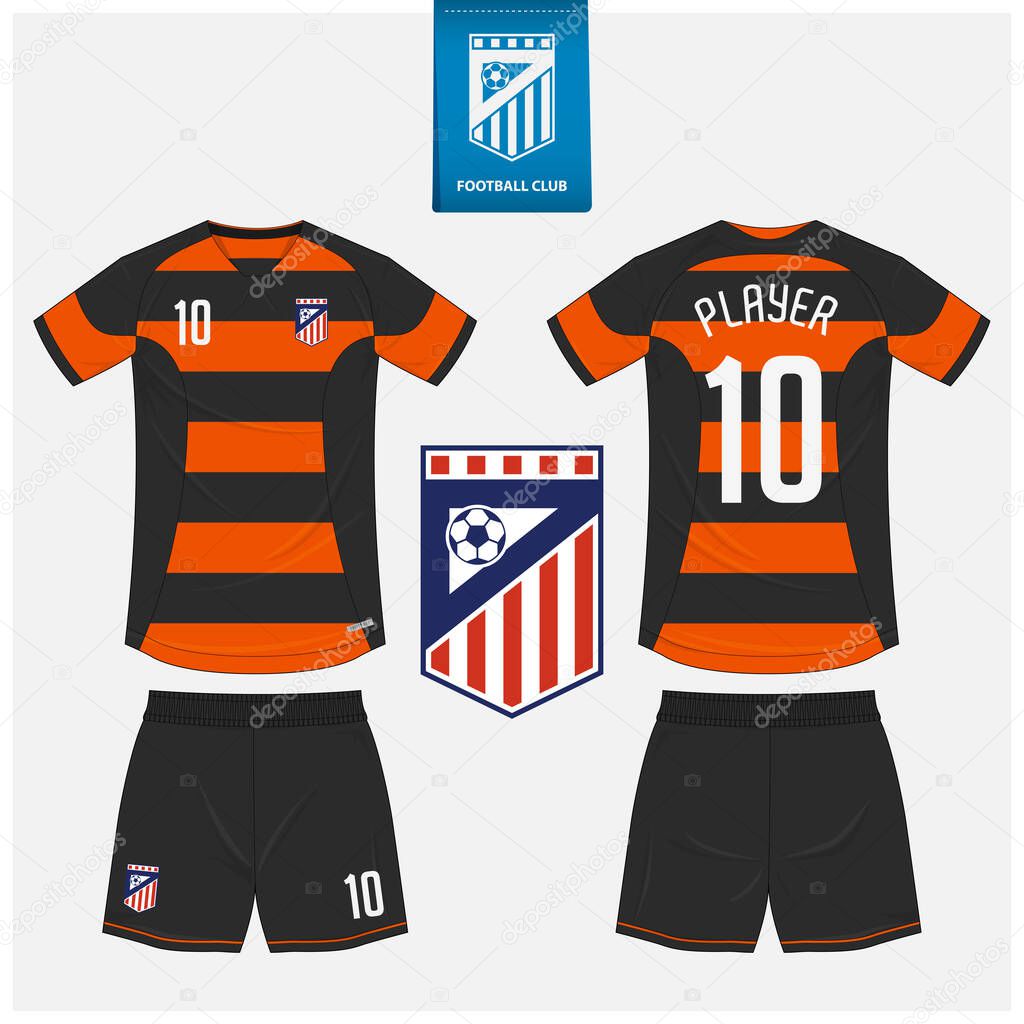 Soccer jersey or football kit mockup template design for sport club. Football shirt, shorts mock up. Soccer uniform in front view, back view. Soccer logo in flat design. Vector Illustration.