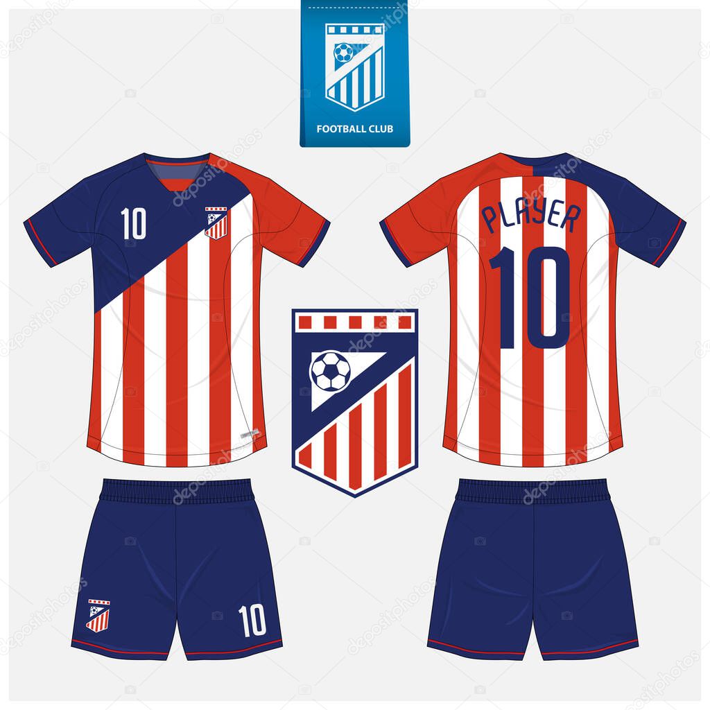 Soccer jersey or football kit mockup template design for sport club. Football shirt, shorts mock up. Soccer uniform in front view, back view. Soccer logo in flat design. Vector Illustration.