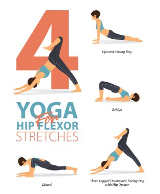 4 Yoga 'nın bilgisi, düz tasarımda kalça esnekliği için yoga kavramında evde egzersiz için poz veriyor. Vücut germe egzersizi yapan bir kadın. Fitness bilgisi için yoga duruşu ya da asana. Düz Çizgi film Vektör İllüstrasyonu.