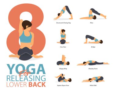 8 Yoga 'nın bilgileri evde egzersiz için poz veriyor. Düz tasarımda daha düşük bel salmak için yoga konsepti. Vücut germe egzersizi yapan bir kadın. Fitness bilgisi için yoga duruşu ya da asana. Düz Çizgi film Vektör İllüstrasyonu.