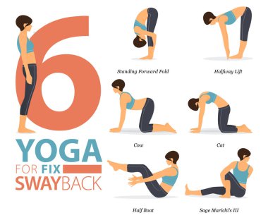 6 Yoga 'nın, düz dizayndaki geri dönüşün düzeltilmesi için yoga kavramında evde egzersiz için poz vereceği bilgisi. Vücut germe egzersizi yapan bir kadın. Fitness bilgisi için yoga duruşu ya da asana. Düz Çizgi film Vektör İllüstrasyonu.