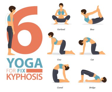 6 Yoga bilgisi, düz tasarımda kifozu düzeltmek için yoga kavramında evde egzersiz için poz veriyor. Vücut germe egzersizi yapan bir kadın. Fitness bilgisi için yoga duruşu ya da asana. Düz Çizgi film Vektör İllüstrasyonu.
