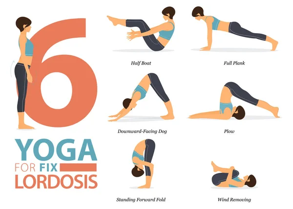 6 Yoga 'nın bilgisi, düz dizayndaki lordozu düzeltmek için yoga kavramında evde egzersiz için poz veriyor. Vücut germe egzersizi yapan bir kadın. Fitness bilgisi için yoga duruşu ya da asana. Düz Çizgi film Vektör İllüstrasyonu.