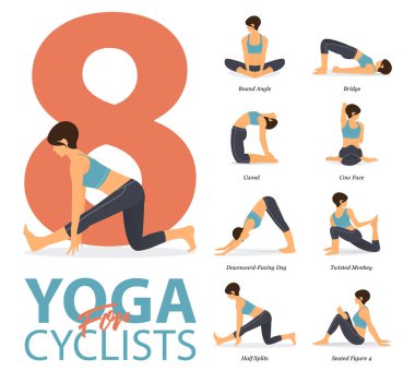 8 Yoga 'nın bilgileri, düz dizaynlı bisikletçiler için yoga kavramında evde çalışmak için poz veriyor. Vücut germe egzersizi yapan bir kadın. Fitness bilgisi için yoga duruşu ya da asana. Düz Çizgi film Vektör İllüstrasyonu.