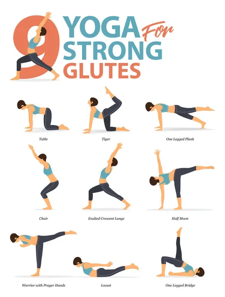 Infographic Yoga Poses Workout Home Concept Yoga Strong Glutes Flat — Stock Vector