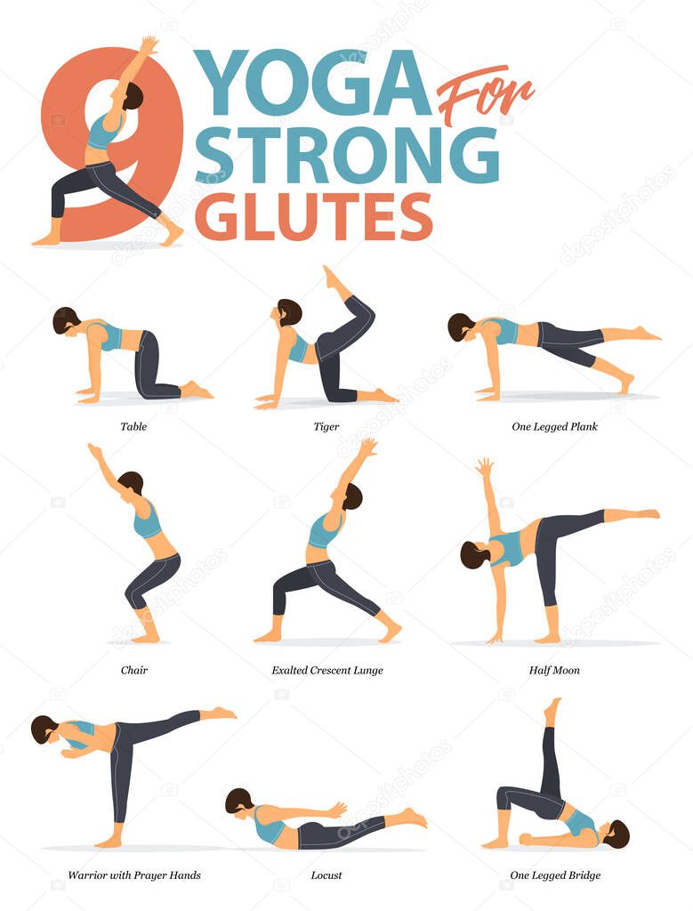Infographic of 9 Yoga poses for workout at home in concept of yoga for strong glutes in flat design. Woman exercising for body stretching. Yoga posture or asana for fitness infographic. Flat Cartoon Vector Illustration.